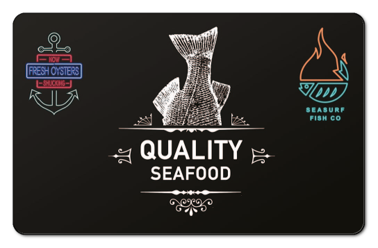 quality seafood fish logo with anchor logo and flame logo on a dark charcoal grey card